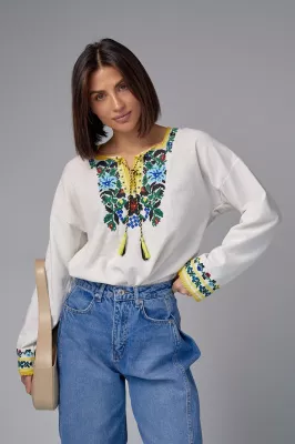 Вышиванка женская с цветочным узором и кружевом - 15631 бежевый