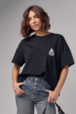 Женская футболка oversize с вышивкой - 241023 черная
