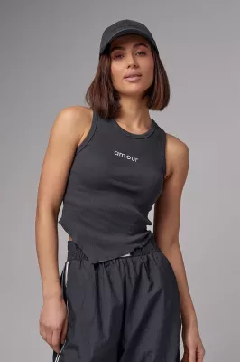 Майка жіноча в рубчик з асиметрією і написом Amour - 29621 сіра