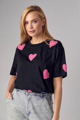 Женская футболка oversize с сердечками - 30410 черная