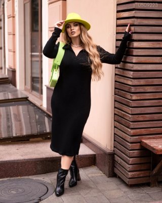 Чёрное платье плюс сайз "Берри" с длинным рукавом