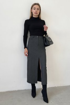 Юбка макси из костюмной серой шерсти в полоску 6218