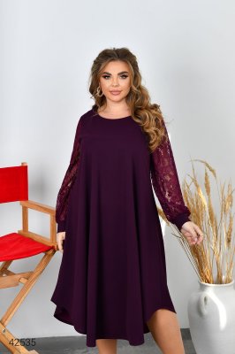 Платье батал с рукавами из гипюра 42535 марсала